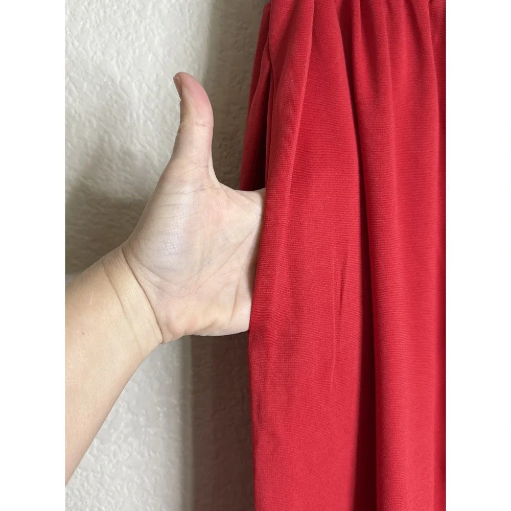Womens XS Red Knit Wide‎ Flare Leg Pants Embroidered Hem Pocket Asian Style Boho
